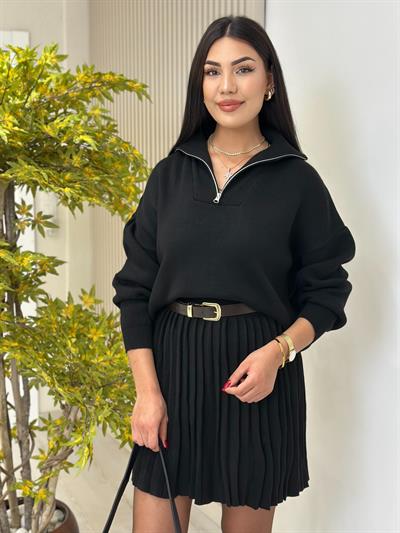 Yakası Fermuarlı Pileli Etekli Çelik Örme Triko Takım Siyah