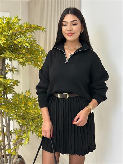 Yakası Fermuarlı Pileli Etekli Çelik Örme Triko Takım Siyah