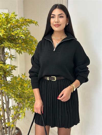 Yakası Fermuarlı Pileli Etekli Çelik Örme Triko Takım Siyah