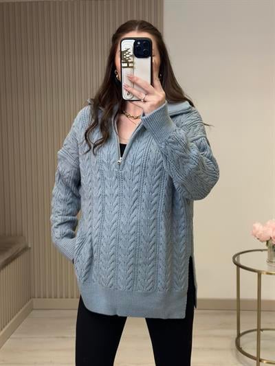 Yakası Fermuarlı Yanlardan Yırtmaçlı Oversıze Kazak Bebe Mavi