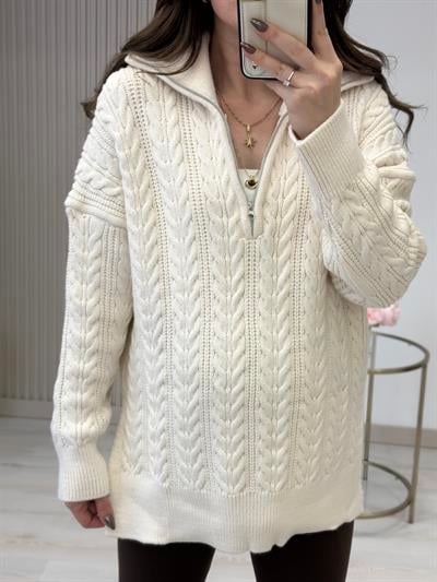 Yakası Fermuarlı Yanlardan Yırtmaçlı Oversıze Kazak Krem