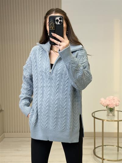 Yakası Fermuarlı Yanlardan Yırtmaçlı Oversıze Kazak Bebe Mavi