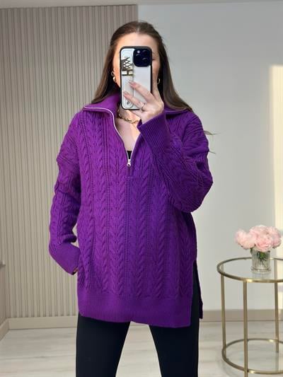 Yakası Fermuarlı Yanlardan Yırtmaçlı Oversıze Kazak Mor