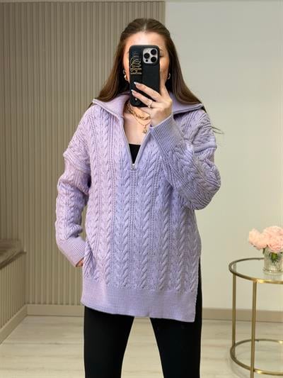 Yakası Fermuarlı Yanlardan Yırtmaçlı Oversıze Kazak Lila