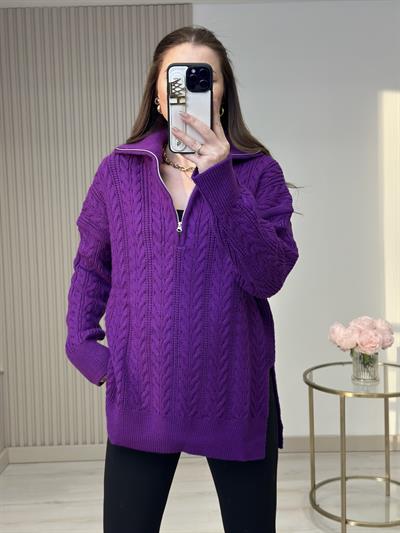 Yakası Fermuarlı Yanlardan Yırtmaçlı Oversıze Kazak Mor