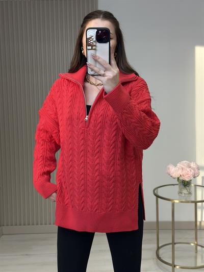 Yakası Fermuarlı Yanlardan Yırtmaçlı Oversıze Kazak Nar Çiçeği