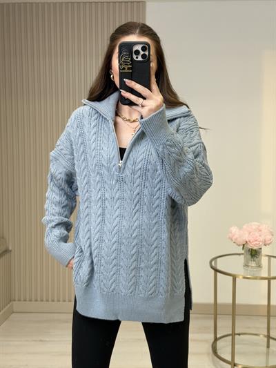 Yakası Fermuarlı Yanlardan Yırtmaçlı Oversıze Kazak Bebe Mavi