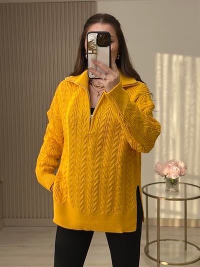 Yakası Fermuarlı Yanlardan Yırtmaçlı Oversıze Kazak Hardal Sarısı