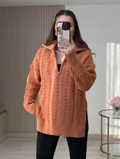 Yakası Fermuarlı Yanlardan Yırtmaçlı Oversıze Kazak Somon