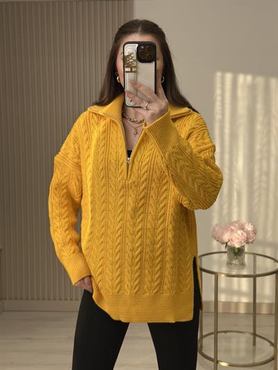 Yakası Fermuarlı Yanlardan Yırtmaçlı Oversıze Kazak Hardal Sarısı