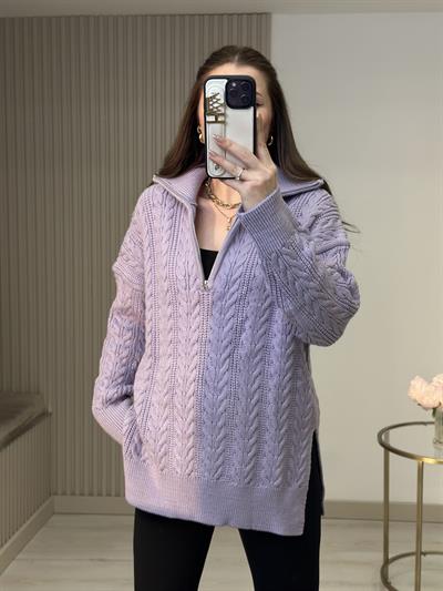 Yakası Fermuarlı Yanlardan Yırtmaçlı Oversıze Kazak Lila