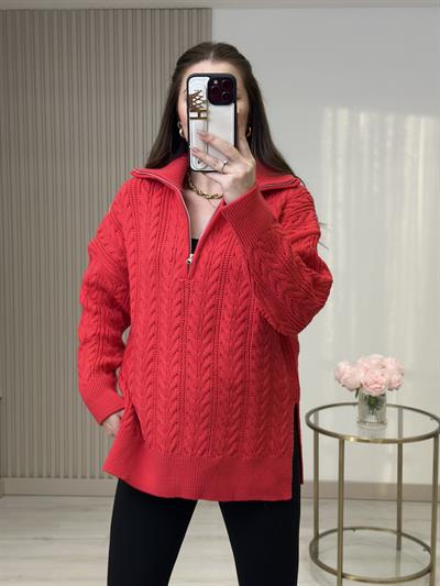 Yakası Fermuarlı Yanlardan Yırtmaçlı Oversıze Kazak Nar Çiçeği