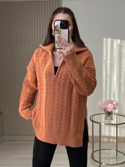 Yakası Fermuarlı Yanlardan Yırtmaçlı Oversıze Kazak Somon