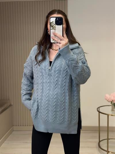 Yakası Fermuarlı Yanlardan Yırtmaçlı Oversıze Kazak Bebe Mavi