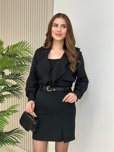 Yakası Fırfır Bağlama Detaylı Bluz Siyah