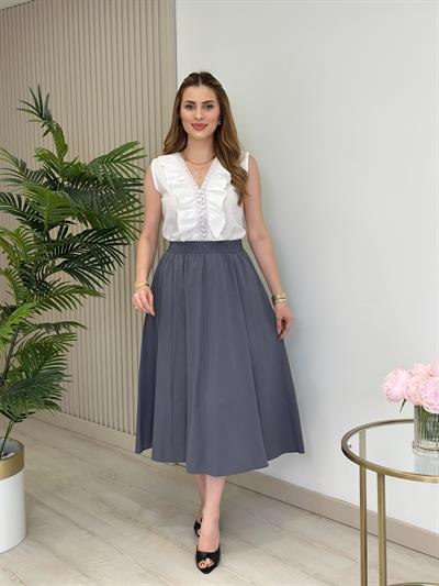 Yakası Fırfır Detaylı Keten Bluz Beyaz