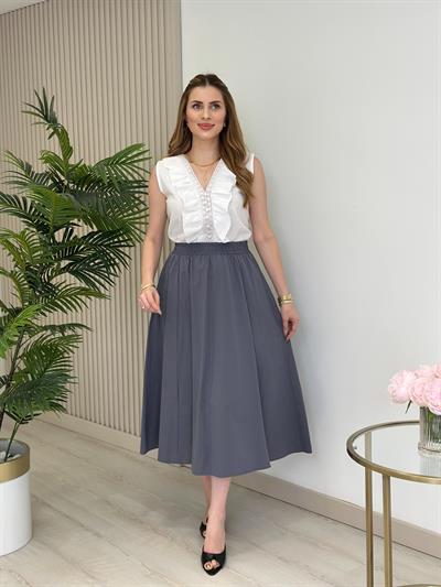 Yakası Fırfır Detaylı Keten Bluz Beyaz