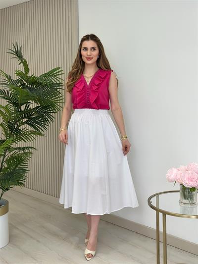 Yakası Fırfır Detaylı Keten Bluz Fuşya