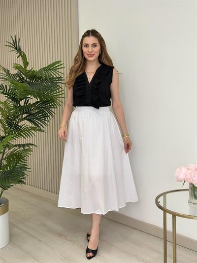 Yakası Fırfır Detaylı Keten Bluz Siyah