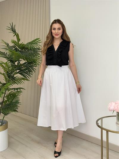 Yakası Fırfır Detaylı Keten Bluz Siyah