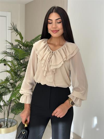 Yakası Fırfırlı Atletli Şifon Bluz Bej