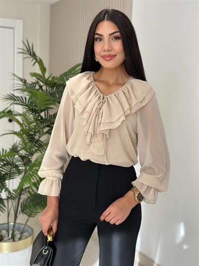 Yakası Fırfırlı Atletli Şifon Bluz Bej