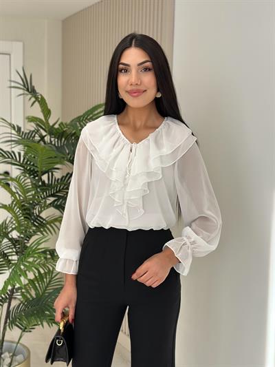 Yakası Fırfırlı Atletli Şifon Bluz Beyaz