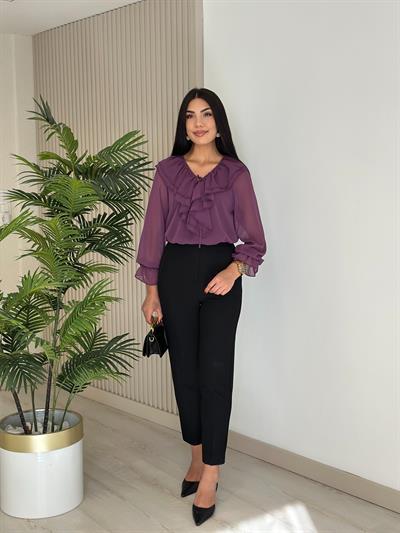 Yakası Fırfırlı Atletli Şifon Bluz Mor