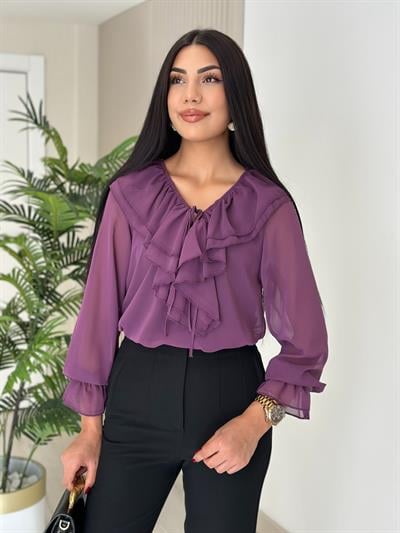 Yakası Fırfırlı Atletli Şifon Bluz Mor