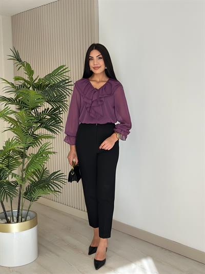 Yakası Fırfırlı Atletli Şifon Bluz Mor