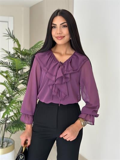 Yakası Fırfırlı Atletli Şifon Bluz Mor