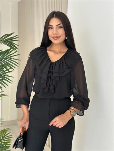 Yakası Fırfırlı Atletli Şifon Bluz Siyah