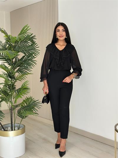 Yakası Fırfırlı Atletli Şifon Bluz Siyah