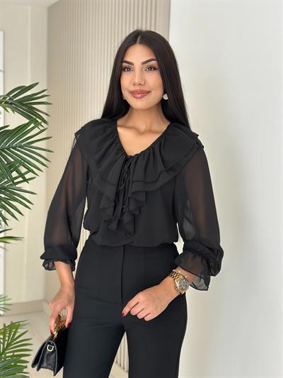 Yakası Fırfırlı Atletli Şifon Bluz Siyah