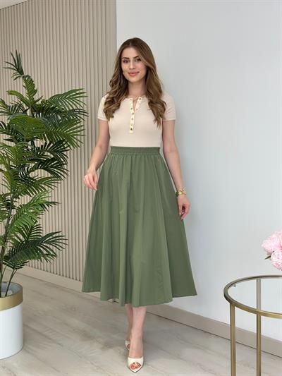 Yakası Gold Çıtçıtlı Fitilli Basıc Tshirt Bej