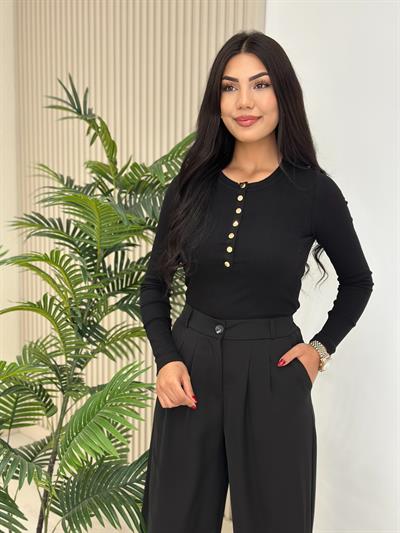 Yakası Gold Çıtçıtlı Fitilli Body Siyah