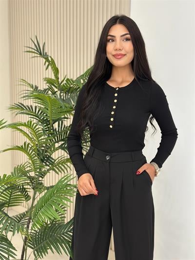 Yakası Gold Çıtçıtlı Fitilli Body Siyah