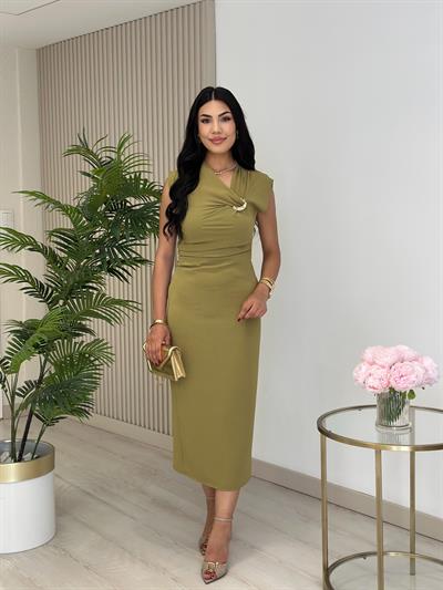 Yakası Gold Detaylı Atlas Kumaş Elbise Yağ Yeşil