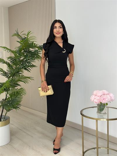 Yakası Gold Detaylı Atlas Kumaş Elbise Siyah