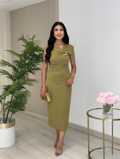 Yakası Gold Detaylı Atlas Kumaş Elbise Yağ Yeşil