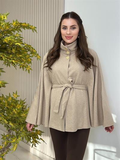 Yakası Gold Düğmeli Kaşe Panço Bej