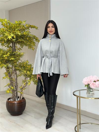 Yakası Gold Düğmeli Kaşe Panço Gri