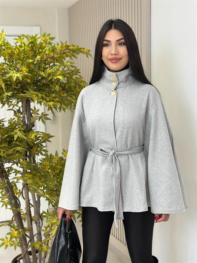 Yakası Gold Düğmeli Kaşe Panço Gri