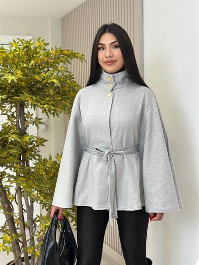 Yakası Gold Düğmeli Kaşe Panço Gri