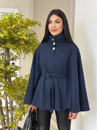 Yakası Gold Düğmeli Kaşe Panço Lacivert