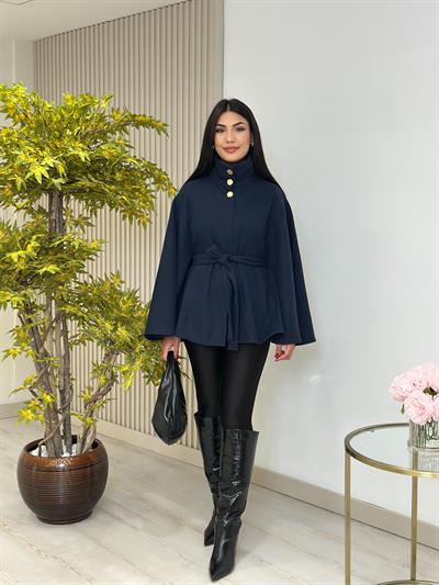 Yakası Gold Düğmeli Kaşe Panço Lacivert