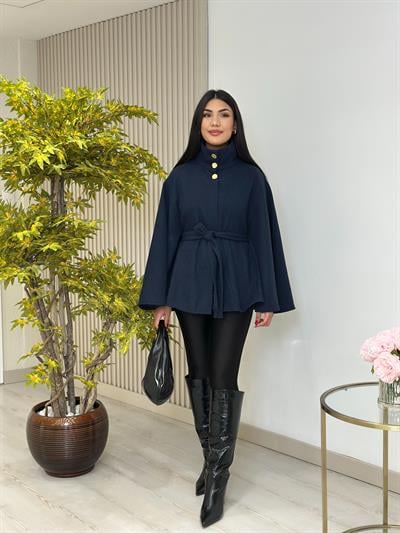 Yakası Gold Düğmeli Kaşe Panço Lacivert