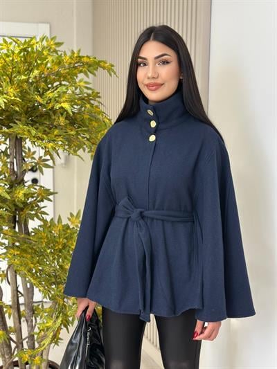 Yakası Gold Düğmeli Kaşe Panço Lacivert