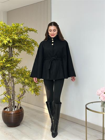 Yakası Gold Düğmeli Kaşe Panço Siyah