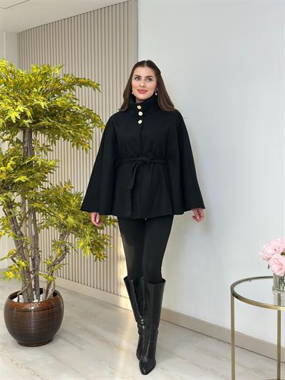 Yakası Gold Düğmeli Kaşe Panço Siyah
